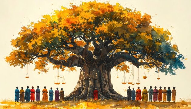 Vibrant watercolor painting of a giant symbolic tree with scales of justice and a group of people, featuring ample copy space on a clean minimalist background.