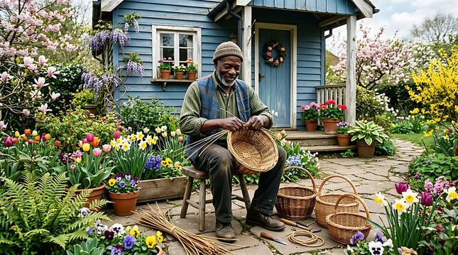 Elderly Black Man Weaving Basket in Vibrant Spring Garden with Blooming Flowers and Blue Cottage brazilian spring atmosphere