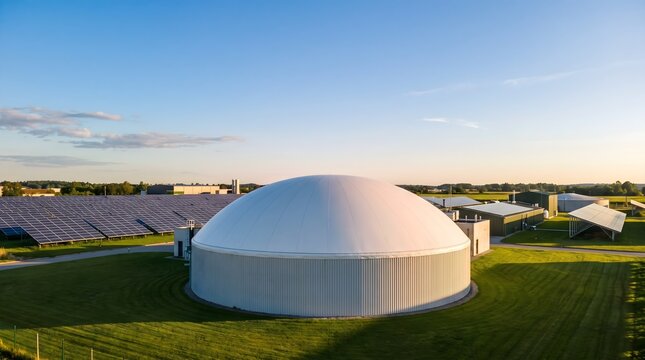 Aerial view of white dome biogas digester tank near solar panels