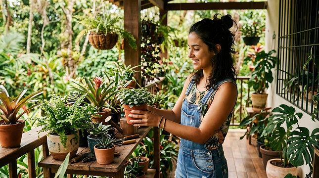 Smiling Brazilian woman tending to lush potted plants on a sunlit porch, embodying spring and local culture brazilian spring atmosphere