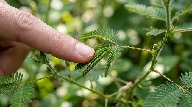 Close up of a finger touching sensitive plant leaves in bright sunlight, showcasing delicate green foliage and natural textures brazilian spring atmosphere