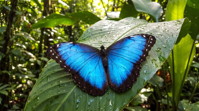 Electric Blue Morpho Butterfly Resting on Tropical Leaf with Open Wings