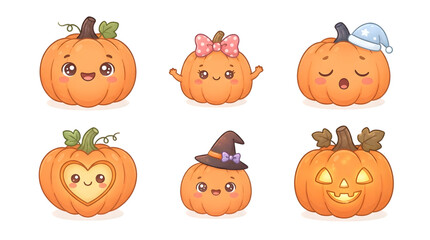 Obraz premium A collection of cute cartoon pumpkin characters featuring various expressions and accessories perfect for use as high quality halloween png images designs