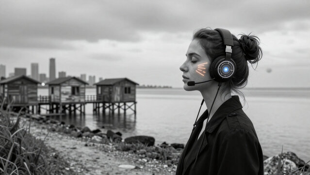 Woman with futuristic glowing headphones at waterfront with stilt cabins and city skyline