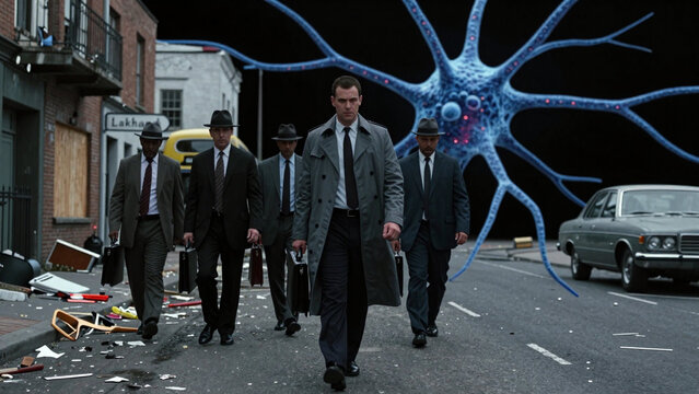 Men in Suits Walking Past Glowing Neuron in Urban Street