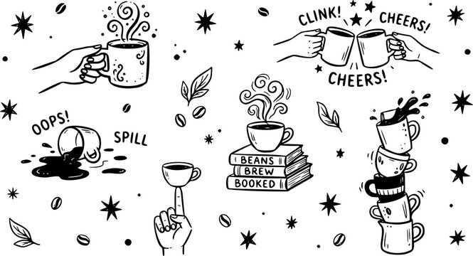 Hand-drawn coffee doodle set, black and white cafe icons on transparent background, whimsical coffee mug illustrations for stickers and menus