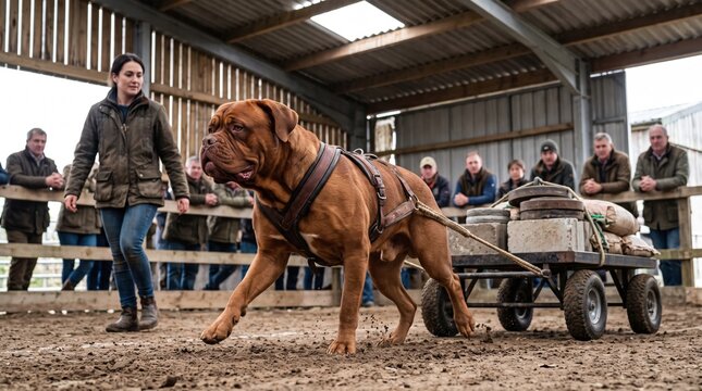 Strong dogue de bordeaux dog pulling a heavy cart in a barn with spectators