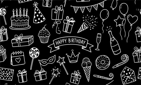 Chalkboard birthday seamless pattern, hand drawn party doodles on black background, festive celebration icons for wrapping paper