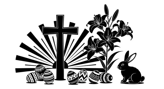 Easter symbols cross eggs bunny with white illustration easter including cross decorated bunny lilies set black white christianity celebration