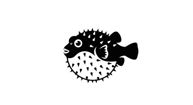 Black and white pufferfish illustration with spikes with sea creature wildlife seafood prickly marine animal finned ocean