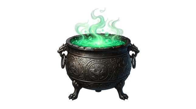 A detailed metal witch cauldron with glowing green magic potion smoke isolated on white background for high quality halloween png images