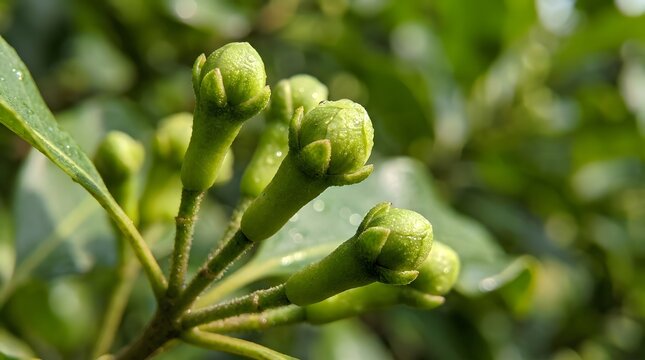 Macro View of Fresh Unpicked Green Clove Buds Growing on Tree Branch