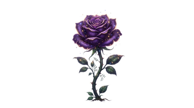 A captivating digital illustration of a dark purple rose shimmering with ethereal sparkles evoking a sense of mystery and enchanting beauty perfect