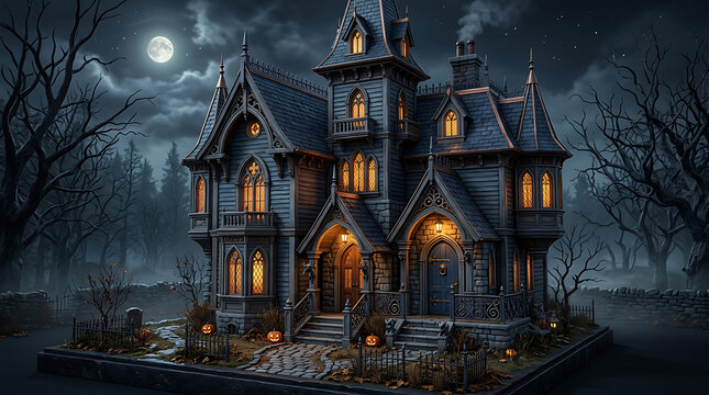 Haunted mansion on a moonlit spooky night