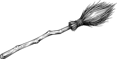 Fototapeta premium Vintage witch broomstick illustration, hand drawn wooden broom sketch, rustic magic besom icon for Halloween decor, isolated black and white vector