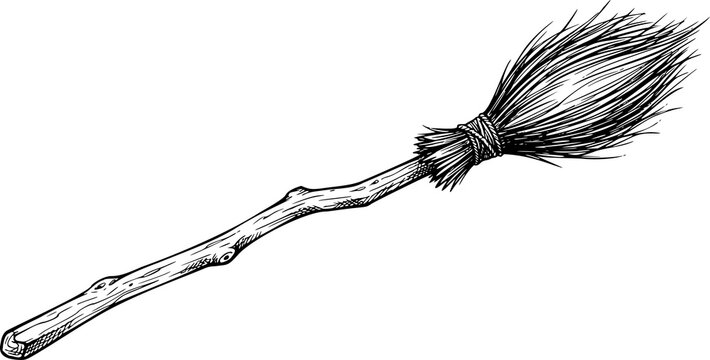 Vintage witch broomstick illustration, hand drawn wooden besom sketch, rustic magic broom icon on transparent background