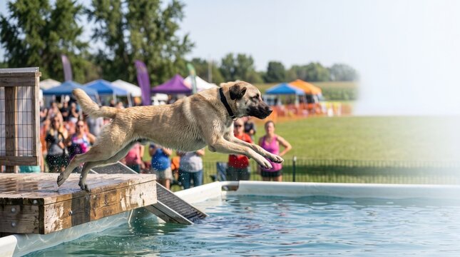Athletic dog jumping into a swimming pool during a pet competition event