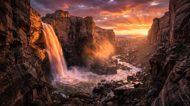 Canyon waterfall sunset