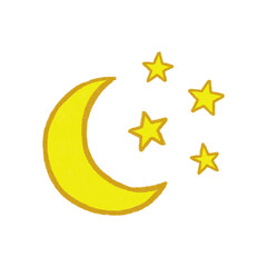 Cute hand drawn yellow crescent moon and stars cutout with grainy noise texture for night sky decor © Hasnah