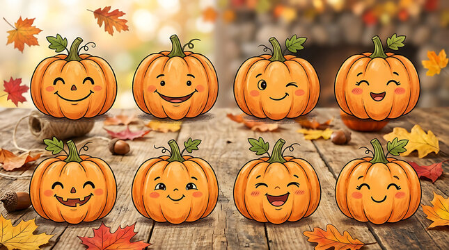 Cute pumpkin jack o lanterns on autumn table