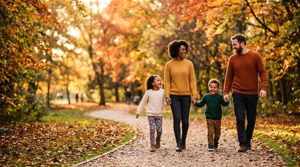 Obraz premium A heartwarming autumn scene depicts a family of four strolling down a sun dappled path enjoying the vibrant fall foliage and the crisp seasonal