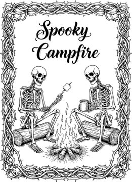 Two spooky skeletons sitting by a campfire illustration in a vintage frame