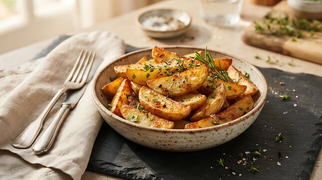 Roasted potato wedges with herbs in a ceramic bowl