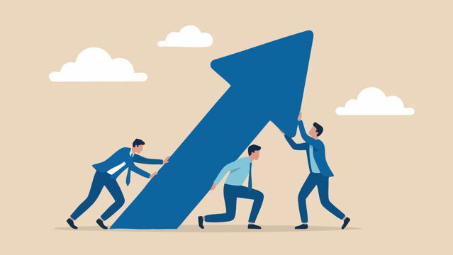 Three businessmen in blue suits work together to lift and position a large blue arrow pointing upwards, representing growth business strategy concept