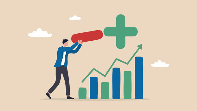 A businessman in a suit places a red minus sign onto a growing bar chart, symbolizing the reduction of negative factors for business strategy concept