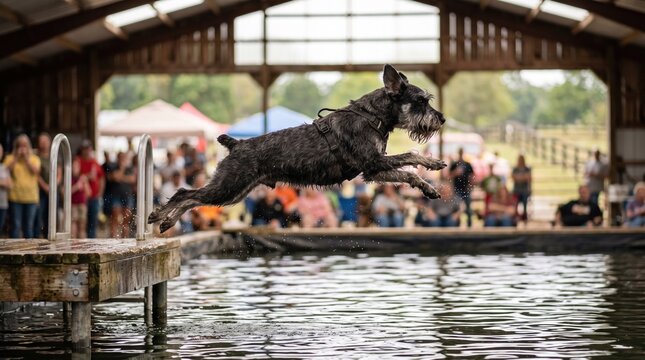 Black schnauzer dog jumping into water at a dock diving competition event