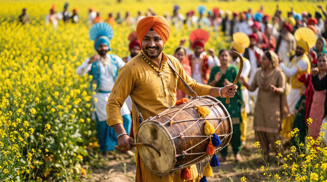 Punjabi man playing dhol drum celebrating Baisakhi festival in mustard field
