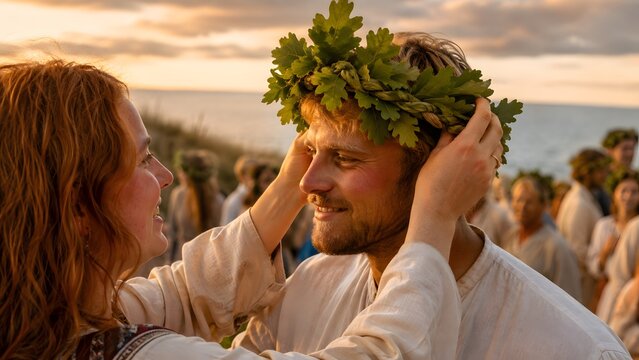 Woman crowning a man with an oak leaf wreath during Baltic Midsummer festival