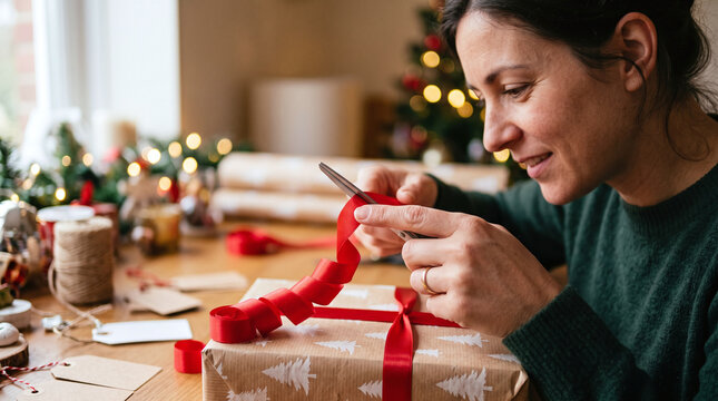 Smiling woman using scissors to curl red ribbon on a Christmas gift box