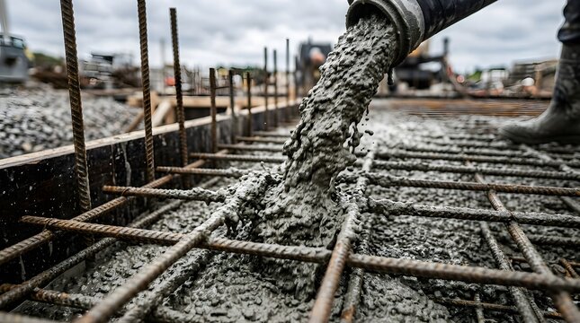 Pouring Concrete onto Steel Rebar Mesh for Building Foundation