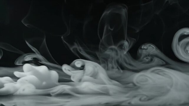 Ethereal Mist Formation: Wisps of white mist curl and swirl against a dark background, creating an abstract and atmospheric visual that evokes a sense of mystery and tranquility.