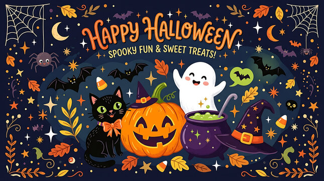 Cute cartoon ghost floating among halloween decorations