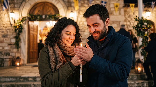 Happy couple holding a lit lambada candle during Greek Easter celebration.