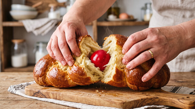 Hands breaking open a warm Greek Easter tsoureki bread with red egg inside
