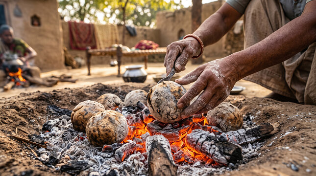 Traditional Indian baati dough balls baking on hot embers in a rural kitchen