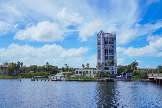 Tampa, FL, USA - 08 01 2026: Tampa cruise port and downtown landscape