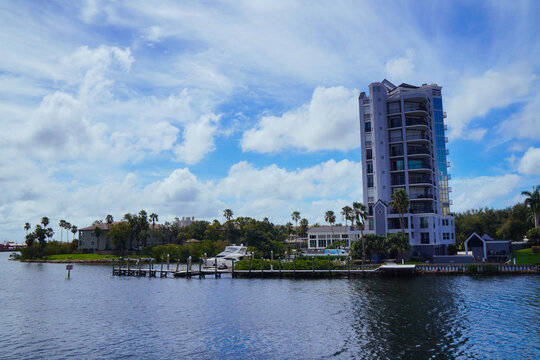 Tampa, FL, USA - 08 01 2026: Tampa cruise port and downtown landscape