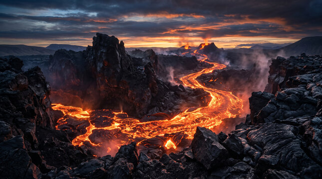 Volcanic lava flowing through rocky landscape. Molten magma eruption at sunset.