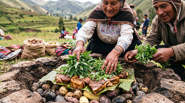 Indigenous Andean couple preparing traditional Pachamanca feast on hot stones