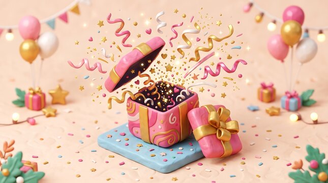 3D isometric illustration of gift box opening with sparkles and ribbons, glossy pink celebration concept
