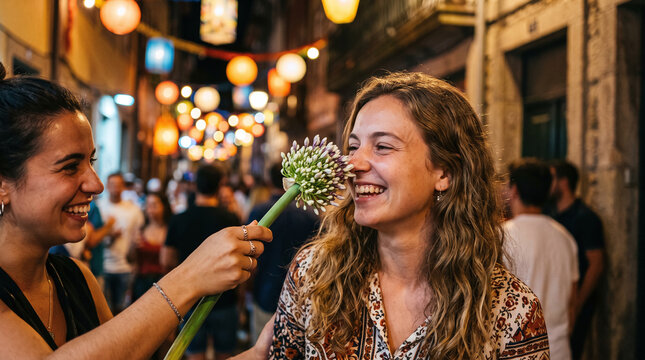 Two happy women celebrating Sao Joao festival with garlic flower in Porto