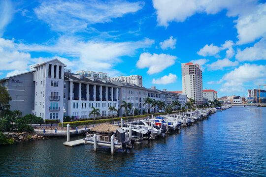 Tampa, FL, USA - 08 01 2026: Tampa cruise port and downtown landscape