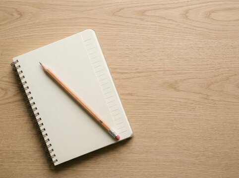 Open spiral notebook and pencil resting on a light brown wooden surface in a top down view