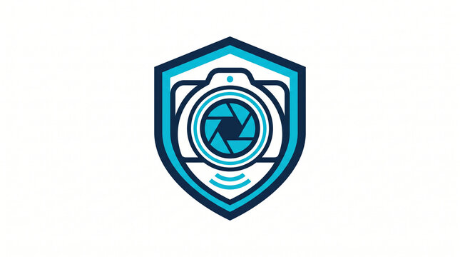 Minimalist shield emblem featuring integrated camera lens aperture symbol for modern professional surveillance security branding solutions with displays stylized shield