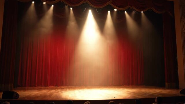 Empty theater stage with red velvet curtains and dramatic spotlights