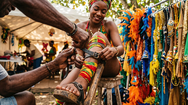 Trinidad Carnival performer getting wooden Moko Jumbie stilts strapped on.